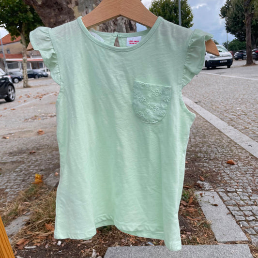 T-Shirt Verde Menta com Folhos e Bordado Inglês - Mango Kids 2-3 anos
