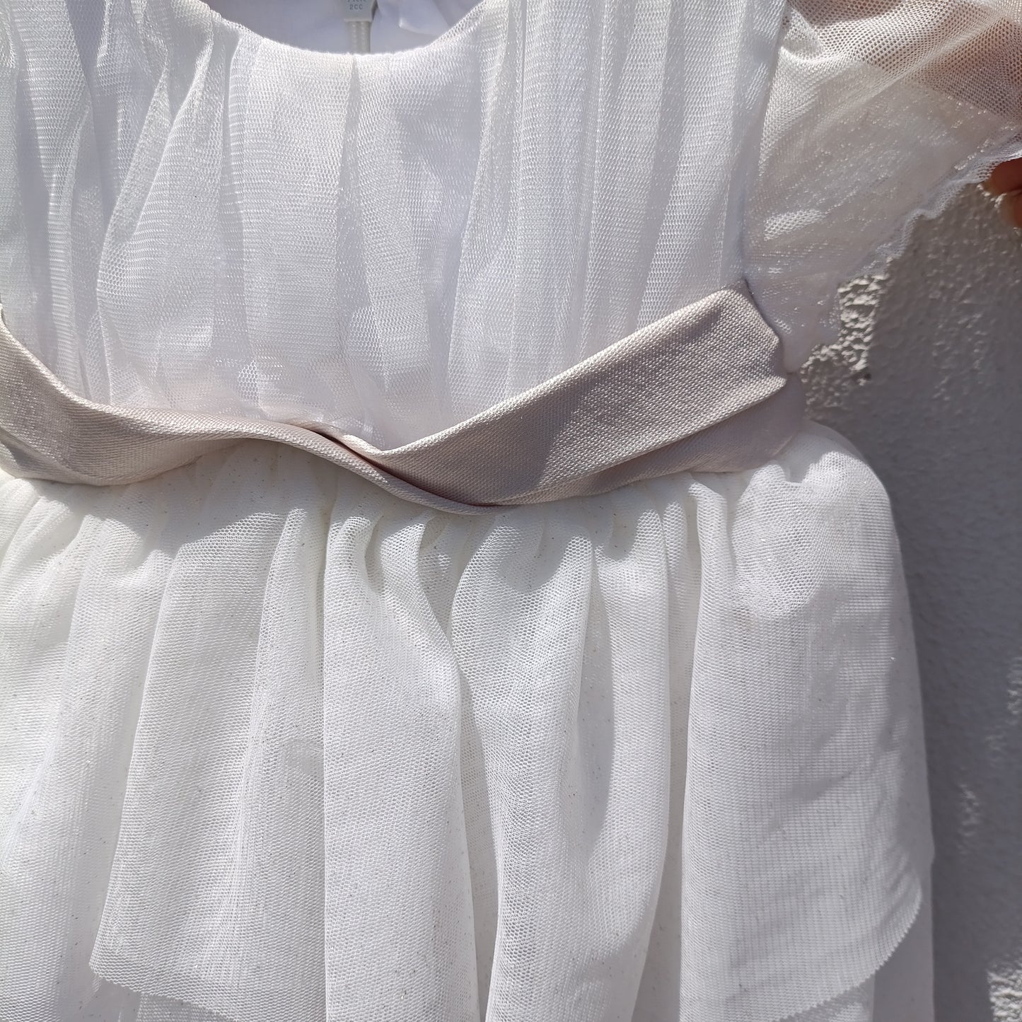 Vestido de Cerimónia Mayoral Newborn em Tule Branco com Faixa Champanhe – 12 Meses (80 cm)