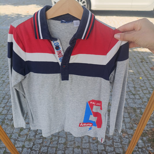 T-shirt de Manga Comprida Estilo Polo para Menino Cinzento e Vermelho 5-6 anos