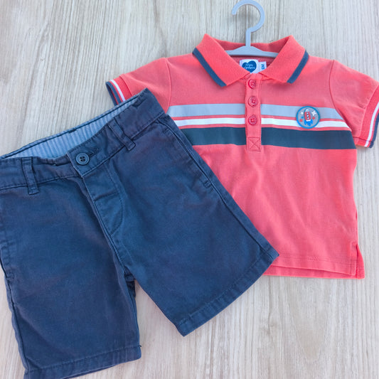 Conjunto Polo Coral Mots d'enfants + Calções Bermuda Azul-Escuro – 6M