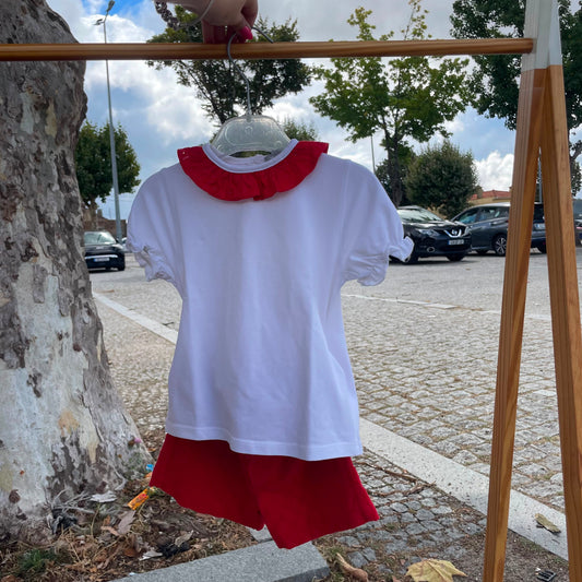 Conjunto Vermelho e Branco com Gola em Bordado Inglês - Lux Junior 2-3 anos