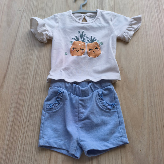 Conjunto de Bebé Pekkle: T-shirt com Ananases + Calções Azuis – 3 Meses