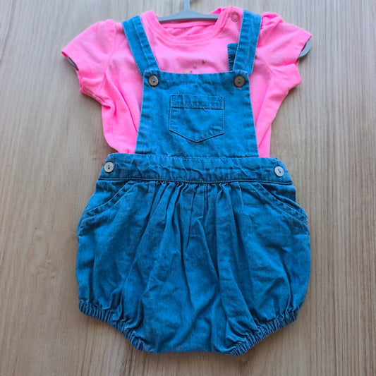 Conjunto de Verão Zippy & Inextenso: Jardineiras de Ganga e T-shirt Flamingos – 3-6 Meses