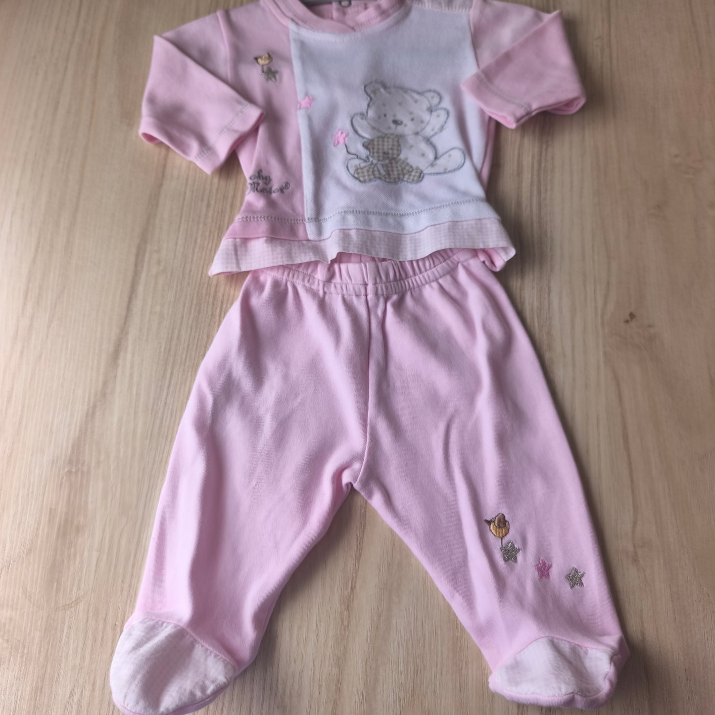 Conjunto de Bebé 100% Algodão (2 Peças) – Rosa e Branco com Ursinho