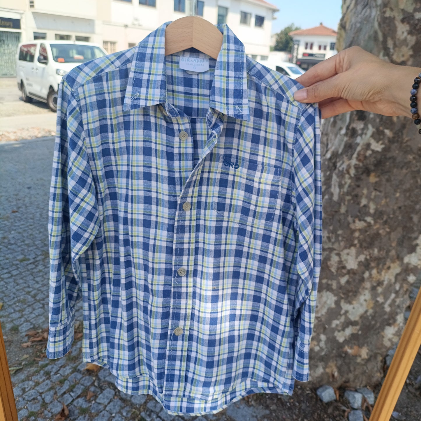 Camisa de Manga Comprida Girandola aos Quadros Azuis e Verdes 5-6 anos