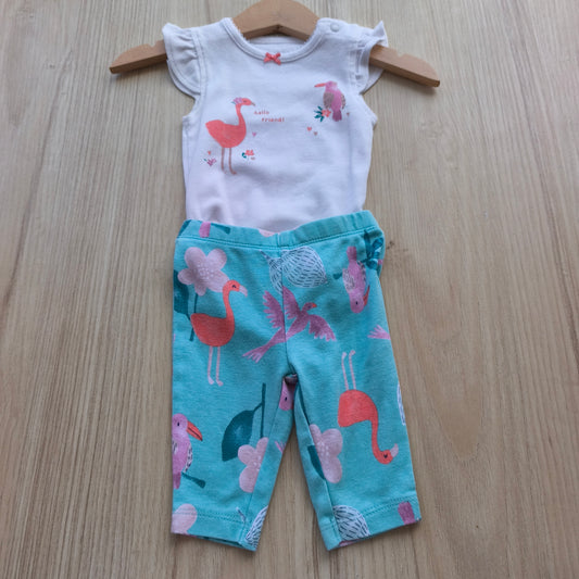 Conjunto de Bebé: Body + Calças com Padrão Flamingo e Tucano – Tamanho Estimado 3-6 Meses